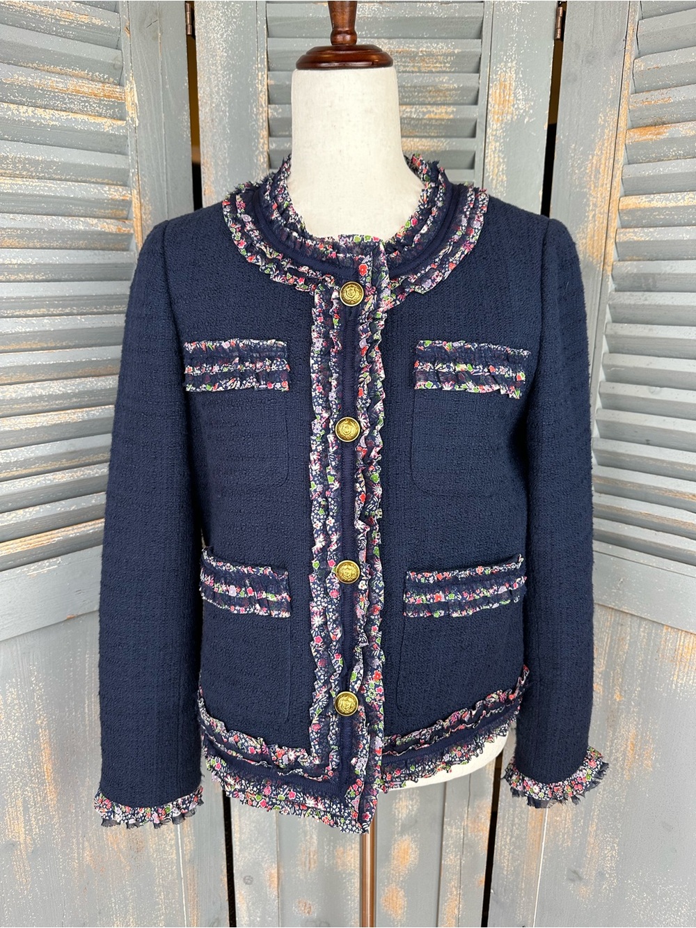 J. Crew Lady Tweed Liberty London Trim Jacket Navy Sz 8